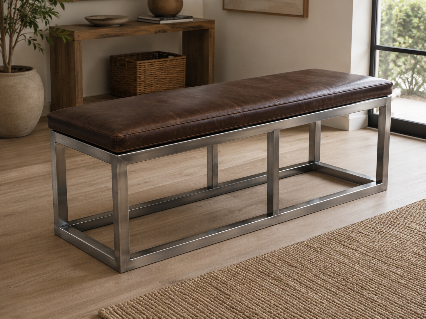 Steel & Leather Bench &mdash; brushed stainless frame with leather cushion